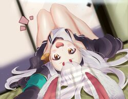  1girl animal_ears azur_lane black_jacket blurry blurry_background highres indoors jacket long_hair long_sleeves looking_at_viewer lying on_back open_mouth rabbit_ears shimakaze_(azur_lane) solo tonchinkan very_long_hair white_hair yellow_eyes 