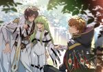  1girl 2boys arm_around_neck black_hair black_pants blurry blurry_foreground bodysuit breasts brown_eyes brown_hair c.c. closed_eyes code_geass creayus day gloves green_hair holding_hands kururugi_suzaku lelouch_lamperouge long_hair long_sleeves medium_breasts multiple_boys outdoors pants parted_lips short_hair straight_hair twitter_username very_long_hair violet_eyes white_bodysuit white_gloves wide_sleeves 