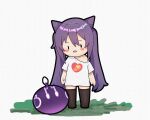  1girl bangs bare_shoulders black_legwear blush_stickers chibi commentary_request double_bun full_body genshin_impact grass hair_between_eyes hair_cones highres keqing_(genshin_impact) ldd.ek long_hair looking_at_another open_mouth print_shirt purple_hair shirt short_sleeves simple_background slime_(genshin_impact) smile split_mouth standing thigh-highs twintails white_background white_shirt 