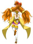  1girl absurdres amanogawa_kirara arm_strap bangs boots brown_hair closed_mouth cure_twinkle ebura_din eyebrows_visible_through_hair floating_hair from_behind full_body gloves go!_princess_precure gradient_hair high_heel_boots high_heels highres layered_skirt long_hair looking_back miniskirt multicolored_hair own_hands_clasped own_hands_together precure profile purple_skirt shiny shiny_hair simple_background skirt smile solo thigh-highs thigh_boots twintails very_long_hair violet_eyes white_background white_footwear white_gloves zettai_ryouiki 