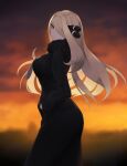  1girl absurdres black_coat black_collar blonde_hair blurry breasts closed_mouth coat collar commentary_request cynthia_(pokemon) floating_hair from_side fur_collar hair_ornament hair_over_one_eye highres long_hair long_sleeves outdoors pokemon pokemon_(game) pokemon_dppt raenoreto smile solo twilight 
