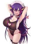  1girl armpits arms_behind_head arms_up bangs blush breasts demon_girl demon_horns demon_tail highres horns large_breasts long_hair looking_at_viewer multicolored_hair open_mouth original pink_hair pointy_ears purple_hair smile solo streaked_hair tail thighs violet_eyes yuzuriha_(active_homing) 