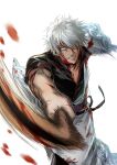  1boy black_shirt blood blood_on_clothes blood_on_face bokken gintama grey_hair hadanugi_dousa hair_over_one_eye highres holding holding_sword holding_weapon japanese_clothes kimono long_sleeves looking_at_viewer male_focus motion_blur ribbon-trimmed_sleeves ribbon_trim sakata_gintoki shirt short_sleeves simple_background solo sword uraki_(tetsu420) weapon white_background white_kimono wide_sleeves wooden_sword 