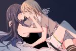  2girls azusawa_kohane black_hair blonde_hair blush brown_eyes girl_on_top hand_in_another&#039;s_hair hand_on_another&#039;s_face imminent_kiss long_hair lying medium_hair multiple_girls on_back project_sekai shiraishi_an xuan yuri 