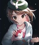 1girl aru_(citrine_drplt) bangs brown_eyes brown_hair buttons cable_knit cardigan closed_mouth collared_dress commentary_request dress gloria_(pokemon) green_headwear grey_cardigan hat highres holding holding_poke_ball hooded_cardigan long_hair looking_at_viewer pink_dress poke_ball poke_ball_(basic) pokemon pokemon_(game) pokemon_swsh smile solo tam_o&#039;_shanter upper_body 