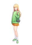  1girl alternate_costume bag bangs blonde_hair blunt_bangs commentary deadnooodles full_body green_eyes green_footwear green_shirt highres jacket long_hair long_sleeves looking_at_viewer love_live! love_live!_superstar!! one_eye_closed plaid shirt shoes simple_background skirt smile sneakers socks solo standing symbol-only_commentary white_background white_legwear 