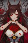  1girl absurdres akagi_(azur_lane) animal_ears artist_name azur_lane black_gloves blood blood_on_face breasts brown_hair eyebrows_visible_through_hair fox_ears gloves hands_on_own_face highres ichikushi_mojibake lips long_hair looking_at_viewer lying medium_breasts on_back petals red_eyes simple_background solo upper_body yandere 