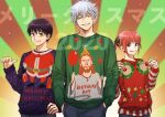  1girl 2020 2boys bangs black_hair blue_eyes blue_pants bun_cover christmas_sweater eyebrows_visible_through_hair gintama glasses green_sweater grey_hair grin hair_between_eyes hand_up hands_in_pockets head_tilt highres jesus kagura_(gintama) long_sleeves multiple_boys orange_hair pants pointing pointing_at_self purple_sweater red_eyes red_sweater sakata_gintoki shimura_shinpachi smile sweater translation_request uraki_(tetsu420) 