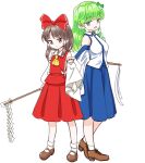  2girls ascot back-to-back black_footwear blue_dress blue_skirt bow breasts brown_eyes brown_footwear brown_hair collar collared_shirt commentary_request detached_sleeves dress flat_chest frog_hair_ornament gohei green_eyes green_hair hair_bow hair_ornament hair_tubes hakurei_reimu height_difference high_heels highres kochiya_sanae long_hair long_skirt looking_at_viewer mary_janes medium_breasts multiple_girls nontraditional_miko red_bow red_shirt red_skirt ribbon-trimmed_sleeves ribbon_trim s-a-murai shirt shoes short_hair sidelocks simple_background skirt skirt_set sleeveless sleeveless_shirt snake_hair_ornament socks thigh-highs touhou white_background white_collar white_legwear white_shirt yellow_neckwear 