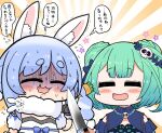  2girls animal_ears black_gloves blue_hair braid carrot_hair_ornament commentary_request don-chan_(usada_pekora) flying_sweatdrops food-themed_hair_ornament fur-trimmed_gloves fur_trim gloves green_hair hair_ornament hololive kitchen_knife knife matarou_(matarou072) multicolored_hair multiple_girls nervous rabbit_ears rabbit_girl shaded_face skull_hair_ornament sweat sweating_profusely translation_request trembling twin_braids two-tone_hair uruha_rushia usada_pekora virtual_youtuber white_hair 