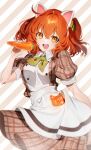  1girl ahoge animal_ears bangs blush breasts carrot commentary_request fate/grand_order fate_(series) food fujimaru_ritsuka_(female) galibo hair_ornament hair_scrunchie highres holding holding_carrot holding_food looking_at_viewer one_side_up open_mouth orange_eyes orange_hair scrunchie short_hair smile solo 