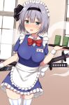  1girl alternate_costume apron bangs black_hairband blue_dress blue_eyes blush bow breasts collared_shirt commentary_request cup dress enmaided guard_vent_jun hairband highres katana konpaku_youmu konpaku_youmu_(ghost) looking_to_the_side maid maid_apron maid_headdress medium_breasts nose_blush open_mouth puffy_short_sleeves puffy_sleeves red_bow red_neckwear scabbard sheath shirt short_hair short_sleeves shouji silver_hair sliding_doors solo sword teacup thigh-highs touhou tray weapon white_legwear white_shirt wing_collar wrist_cuffs 