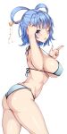  1girl absurdres amagi_(amagi626) arm_up ass bangs blue_eyes blue_hair blue_swimsuit blush breasts commentary_request hair_ornament hair_rings hair_stick highres kaku_seiga large_breasts lips looking_at_viewer nail_polish one_eye_closed red_nails shiny shiny_skin short_hair simple_background solo standing string swimsuit thighs touhou white_background 