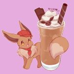  :3 absurdres animal_focus artist_name brown_eyes cabbie_hat chocolate clothed_pokemon commentary_request cup drink drinking_glass eevee fluffy food food_focus fur_collar happy hat highres ice_cream ice_cream_float kryztar looking_up necktie no_humans open_mouth outline pokemon pokemon_(creature) pokemon_cafe_mix purple_background red_headwear red_neckwear signature simple_background smile soda solo standing wafer_stick white_outline 