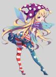  1girl american_flag_dress american_flag_legwear ass bangs blonde_hair blush clownpiece dress eyebrows_behind_hair fairy_wings full_body grey_background hat highres holding holding_torch jester_cap long_hair looking_at_viewer looking_back neck_ruff open_mouth pantyhose polka_dot polka_dot_background purple_headwear red_eyes short_sleeves simple_background smile solo star_(symbol) star_print striped striped_dress striped_legwear sweatdrop torch touhou wings yamanakaume 