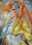  1girl ace_attorney athena_cykes bangs blue_eyes blue_ribbon breasts collared_shirt crescent crescent_earrings earrings eyebrows_visible_through_hair hair_ribbon highres jacket jewelry long_hair looking_at_viewer necklace open_clothes open_jacket orange_hair phoenix_wright:_ace_attorney_-_dual_destinies ponytail ribbon shiga shirt side_ponytail single_earring solo swept_bangs upper_body very_long_hair white_shirt yellow_jacket 
