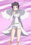  1girl absurdres bare_legs black_hair blue_eyes closed_mouth coat collarbone diantha_(pokemon) highres jewelry long_sleeves looking_at_viewer open_clothes open_coat pendant pokemon pokemon_(game) pokemon_xy purple_background shirt short_hair short_shorts shorts smile solo standing tsukishiro_saika white_coat white_shirt white_shorts 