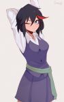  1girl amanda_o&#039;neill amanda_o&#039;neill_(cosplay) arm_behind_head arm_up bangs black_hair blue_eyes blush breasts buttons closed_mouth collared_shirt commentary cosplay darahan eyelashes film_grain grey_background hair_between_eyes kill_la_kill little_witch_academia looking_at_viewer matoi_ryuuko medium_hair multicolored_hair one_eye_closed pleated_skirt purple_skirt purple_vest redhead shirt signature simple_background skirt solo streaked_hair stretch vest white_shirt 