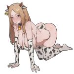  1girl 5t_(5t_000) absurdres all_fours animal_ears animal_print bangs bell bikini blonde_hair blush breasts closed_mouth collar cow_ears cow_horns cow_print cowbell earclip elbow_gloves gloves grey_eyes hanging_breasts highres horns huge_breasts long_hair looking_at_viewer metal_collar mole mole_under_eye neck_bell original parted_bangs partially_fingerless_gloves simple_background solo sweat swimsuit thigh-highs white_background 