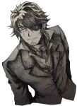  1boy bangs belmond_banderas choco_(chocovix112) closed_mouth collared_shirt cropped_torso eyebrows_behind_hair eyepatch greyscale hair_between_eyes highres jacket long_hair looking_at_viewer male_focus monochrome nijisanji scar scar_across_eye shirt simple_background solo thick_eyebrows upper_body v-shaped_eyebrows very_long_hair virtual_youtuber white_background 