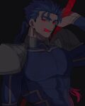  1boy abs armor blue_bodysuit blue_hair bodysuit cu_chulainn_(fate) cu_chulainn_(fate/stay_night) earrings fate/stay_night fate_(series) gae_bolg_(fate) holding holding_polearm holding_weapon jewelry long_hair male_focus muscular muscular_male open_mouth pauldrons pectorals polearm red_eyes shoulder_armor simple_background skin_tight solo spiky_hair tongue tongue_out weapon yap_(dhgrail) 