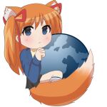  1girl animal_ear_fluff animal_ears bangs blue_eyes blue_jacket blush clenched_hand closed_mouth commentary earth_(planet) eyebrows_visible_through_hair firefox fox_ears fox_tail green_skirt hair_ribbon highres jacket kanon logo_parody long_hair long_sleeves looking_at_viewer orange_hair planet ribbon sawatari_makoto simple_background skirt solo tail twintails white_background yuureikko 