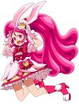 1girl :d absurdres animal_ears bangs blush bow bowtie choker cure_whip earrings ebura_din eyebrows_visible_through_hair floating_hair full_body gloves hair_between_eyes high_heels highres jewelry kirakira_precure_a_la_mode long_hair miniskirt open_mouth pink_hair precure rabbit_ears red_bow red_choker red_eyes red_footwear red_neckwear shirt short_sleeves simple_background skirt smile solo twintails very_long_hair white_background white_gloves white_shirt 