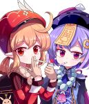  2girls ahoge backpack bag bag_charm bangs bead_necklace beads brown_gloves brown_scarf cabbie_hat cape charm_(object) chinese_clothes cigarette clover_print coat coin_hair_ornament commentary_request dodoco_(genshin_impact) earrings eyebrows_visible_through_hair genshin_impact gloves hair_between_eyes hat hat_feather hat_ornament highres holding holding_cigarette holding_lighter jewelry jiangshi klee_(genshin_impact) light_brown_hair lighter long_hair long_sleeves looking_at_viewer low_ponytail low_twintails mouth_hold multiple_girls necklace ofuda orange_eyes pointy_ears purple_hair qing_guanmao qiqi_(genshin_impact) randoseru red_coat red_headwear scarf sidelocks sseopik twintails violet_eyes white_background 
