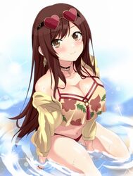  1girl bangs blush brown_eyes brown_hair commentary_request eyebrows_visible_through_hair fingernails hair_between_eyes head_tilt heart idolmaster idolmaster_shiny_colors irotanuki long_hair long_sleeves looking_at_viewer oosaki_amana simple_background sitting solo very_long_hair 