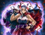  1girl artist_name aura bangs bare_arms bare_shoulders biceps blue_hair breasts club_(weapon) commentary cowboy_shot cuffs curled_horns earrings floating_hair grin hair_ornament hair_stick hakama hand_on_hip highres hoop_earrings horns japanese_clothes jewelry kanabou kimono large_breasts lips long_hair looking_at_viewer multicolored_hair muscular muscular_female one_piece oni over_shoulder red_eyes red_horns rope shackles shimenawa sideboob sleeveless sleeveless_kimono smile solo spikes the_golden_smurf v-shaped_eyebrows very_long_hair weapon weapon_over_shoulder white_hair yamato_(one_piece) 