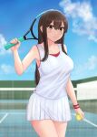  1girl absurdres akagi_(kancolle) alternate_costume ball breasts brown_eyes brown_hair day highres holding holding_racket jousanrou kantai_collection large_breasts long_hair miniskirt outdoors pleated_skirt racket shirt skirt sleeveless sleeveless_shirt solo sportswear straight_hair tennis_ball tennis_court tennis_racket tennis_uniform white_shirt white_skirt 