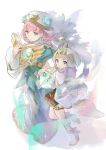 2girls aqua_dress bag bangs blue_dress blunt_bangs book braid breasts brown_bag closed_mouth dagger dress earrings eyebrows_visible_through_hair fire_emblem fire_emblem_heroes flower fur-trimmed_dress fur-trimmed_sleeves fur_trim green_eyes gunnthra_(fire_emblem) hair_ornament hair_tubes hat hat_flower height_difference highres holding holding_book holding_dagger holding_weapon hukashin jewelry knife large_breasts long_dress long_hair looking_away magic multicolored multicolored_clothes multicolored_dress multiple_girls open_mouth pink_hair rose satchel shoes short_dress short_hair siblings sisters sleeves_past_wrists smile snowflakes tiara weapon white_flower white_footwear white_hair white_headwear white_rose wide_sleeves wind ylgr_(fire_emblem) 