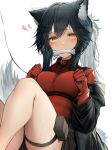  1girl absurdres animal_ears arknights blush bone breasts collar gloves hair_between_eyes highres leash leg_garter long_hair long_sleeves looking_at_viewer medium_breasts mouth_hold red_collar red_gloves simple_background sitting tab_head tail texas_(arknights) thighs white_background wolf_ears wolf_girl wolf_tail yellow_eyes 