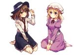  2girls aoi_(annbi) bare_legs barefoot black_headwear black_skirt blonde_hair blush bow breasts brown_eyes brown_hair dress duplicate fedora frilled_skirt frills full_body hat hat_bow hat_ribbon highres juliet_sleeves long_sleeves maribel_hearn mob_cap multiple_girls necktie pixel-perfect_duplicate puffy_sleeves purple_dress red_neckwear ribbon seiza shirt short_hair simple_background sitting skirt small_breasts touhou usami_renko violet_eyes wariza white_background white_bow white_headwear white_shirt 