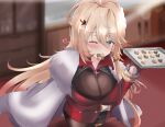  1girl azur_lane blonde_hair blue_eyes blurry blurry_background bodystocking breasts brown_gloves cape cookie eyebrows_visible_through_hair food fur_trim gloves gradient_hair half_gloves heart highres holding holding_tray howe_(azur_lane) indoors jacket large_breasts long_hair looking_at_viewer multicolored_hair one_eye_closed red_jacket solo tonchinkan tray very_long_hair white_cape 