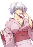  1boy bangs breast_padding collarbone crossdressing eyebrows_visible_through_hair food fruit gintama grey_hair hair_between_eyes highres holding holding_food japanese_clothes kimono long_sleeves looking_at_viewer male_focus obi parted_lips pinching_sleeves pink_kimono red_eyes red_lips sakata_gintoki sash simple_background sleeves_past_wrists smile solo strawberry twintails uraki_(tetsu420) white_background wide_sleeves 