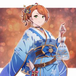  1girl alternate_costume alternate_hairstyle bag bagged_fish beatrix_(granblue_fantasy) belt blue_kimono brown_belt brown_hair commentary_request fish goldfish granblue_fantasy green_eyes hair_ornament hair_stick hair_up hand_on_hip highres japanese_clothes kimono light_blush obi sash smile solo umiboozu_(uminoyoukai) 