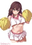  1girl blush braid breasts brown_hair cheerleader collarbone cowboy_shot cropped_legs ebifurya eyebrows_visible_through_hair grey_eyes highres holding holding_pom_poms kantai_collection large_breasts long_hair looking_at_viewer navel noshiro_(kancolle) open_mouth pleated_skirt pom_pom_(cheerleading) simple_background skirt solo twin_braids twintails twitter_username under_boob white_background white_skirt 