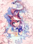  1girl absurdres akitsuki_(oenothera) animal_ears blue_eyes blush brown_hair cherry_blossoms drink drinking_straw eyebrows_visible_through_hair hair_between_eyes highres holding holding_drink horse_ears horse_girl horse_tail long_hair multicolored_hair open_mouth petals pleated_skirt puffy_short_sleeves puffy_sleeves school_uniform short_sleeves skirt smile solo tail tokai_teio_(umamusume) tracen_school_uniform two-tone_hair umamusume white_hair white_skirt 