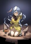  1girl animal_ears bangs blue_background blue_hair brat carrot character_request closed_mouth commentary_request cosplay full_body gradient gradient_background highres hololive hood hoodie hug indoors little_nightmares long_hair long_sleeves looking_at_another looking_down one_eye_closed orange_eyes rabbit_ears six_(little_nightmares) six_(little_nightmares)_(cosplay) smile squatting stage thick_eyebrows twintails usada_pekora white_footwear yellow_hoodie yellow_raincoat 