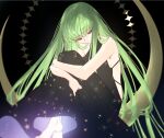  1girl bangs barefoot black_background black_dress brown_eyes c.c. closed_mouth code_geass creayus dress eyebrows_visible_through_hair floating_hair green_hair hair_between_eyes hugging_own_legs long_dress long_hair looking_down sleeveless sleeveless_dress smile solo straight_hair very_long_hair 