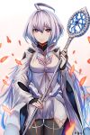  1girl absurdres ahoge artist_name blush breasts cowboy_shot fate/grand_order fate_(series) fingerless_gloves gloves grey_hair hair_between_eyes highres kb-5 looking_at_viewer mage_staff medium_breasts merlin_(fate/prototype) petals pointy_ears short_hair smile solo thigh_gap violet_eyes white_background 