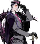  1boy alternate_costume beads black_gloves blue_hair cane closed_mouth cu_chulainn_(fate) cu_chulainn_alter_(fate/grand_order) dark_blue_hair dark_persona earrings facepaint fate/grand_order fate_(series) fedora formal gloves hair_beads hair_ornament hat iz_izhara jacket jewelry long_hair long_sleeves looking_at_viewer male_focus monster_boy necktie ponytail red_eyes simple_background solo spikes suit tail white_background 