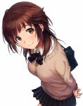  1girl amagami arms_behind_back asada_hachi bag bangs banned_artist blush bow bowtie breasts brown_eyes brown_hair buttons closed_mouth commentary_request eyebrows_visible_through_hair long_sleeves looking_at_viewer medium_breasts pleated_skirt sakurai_rihoko school_bag school_uniform shirt simple_background skirt smile solo sweater white_background white_shirt 