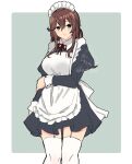  1girl alternate_costume apron artist_logo bangs black_dress blue_eyes border braid brown_hair commentary_request cowboy_shot dress enmaided frilled_apron frills garter_straps green_eyes grey_background highres kantai_collection long_hair looking_at_viewer maid maid_apron maid_headdress mochizou noshiro_(kancolle) one-hour_drawing_challenge solo swept_bangs thigh-highs twin_braids two-tone_background white_apron white_border white_legwear wrist_cuffs 