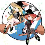  2girls adapted_costume blonde_hair broom broom_riding halloween hat highres multiple_girls mythra_(xenoblade) nayuta-kanata pyra_(xenoblade) red_eyes redhead witch witch_hat xenoblade_chronicles_(series) xenoblade_chronicles_2 yellow_eyes 