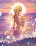  1girl bare_shoulders blonde_hair blue_eyes breasts closed_mouth clouds dress hetchhog_tw highres kingdom_hearts kingdom_hearts_ii long_hair namine ocean smile solo sun white_dress 