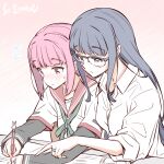  2girls artist_name bespectacled blue_hair flying_sweatdrops glasses long_hair magia_record:_mahou_shoujo_madoka_magica_gaiden mahou_shoujo_madoka_magica multiple_girls nanami_yachiyo pencil pink_hair pointing school_uniform serafuku shirt sitting studiozombie tamaki_iroha writing 