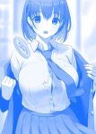  1girl :o ai-chan_(tawawa) bangs blue_theme blurry blurry_background braid breasts buttons collared_shirt commentary_request doushimasho eyebrows_behind_hair getsuyoubi_no_tawawa himura_kiseki_(style) large_breasts looking_at_viewer medium_hair monochrome necktie open_mouth school_uniform shirt solo tawawa_group uniform wardrobe_malfunction 