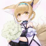  1girl absurdres animal_ears arknights bangs bare_shoulders black_gloves blonde_hair blue_hairband bouquet braid breasts brown_eyes closed_mouth commentary eyebrows_visible_through_hair flower fox_ears fox_girl fox_tail gloves gradient gradient_background grey_background hair_between_eyes hair_rings hairband highres holding holding_bouquet infection_monitor_(arknights) kitsune looking_at_viewer midu5 multiple_tails oripathy_lesion_(arknights) purple_background rose shirt short_sleeves small_breasts smile solo suzuran_(arknights) symbol-only_commentary tail twin_braids upper_body white_flower white_rose white_shirt wide_sleeves yellow_eyes 